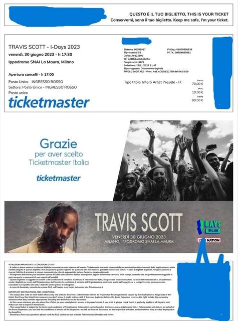 Biglietto concerto Travis Scott 30/06/2023 Ippodromo SNAI Milano INGRESSO ROSSO