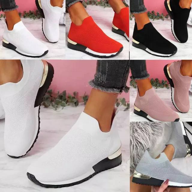 Womens Ladies Slip On Jogging Pumps Sock Trainers Sneakers Plimsole Shoes Sizes