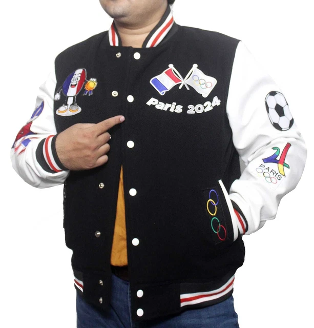 VESTE UNIVERSITAIRE PERSONNALISÉE Paris 2024 Jeux Olympiques France laine noire pour unisexe EUR