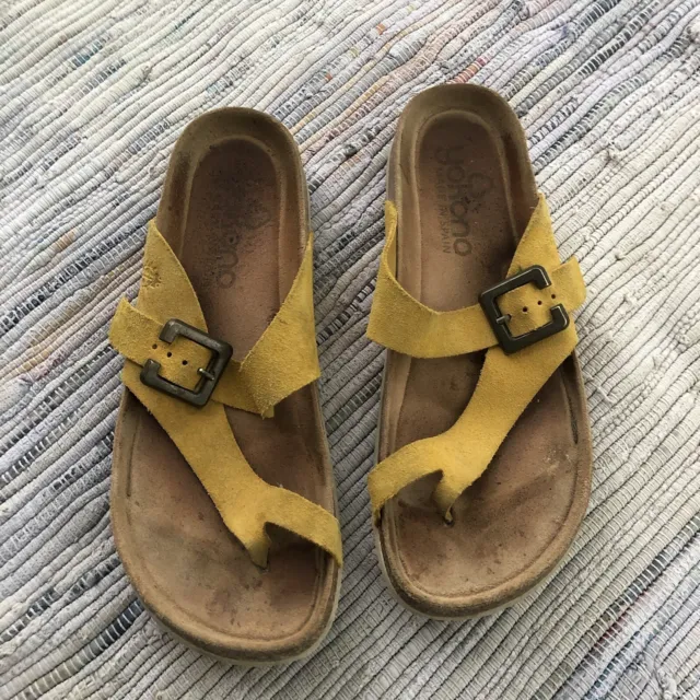 Yokono Sandals Womens 7.5 Suede Leather Toe Loop Mustard Yellow Cork Fisherman