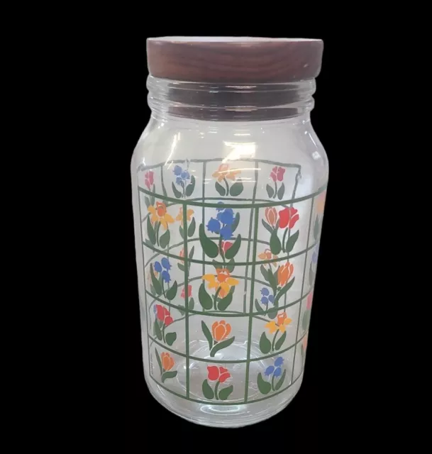 VTG Glass Canister Jar w/Lid "Nina" Painted Wild Flowers 9 1/2” Anchor Hocking