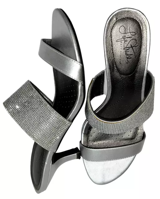 LIFE STRIDE FLASHY SOFT SYSTEM 7.5 Silver Strap Slip On Rhinestone Sandal PREOWN