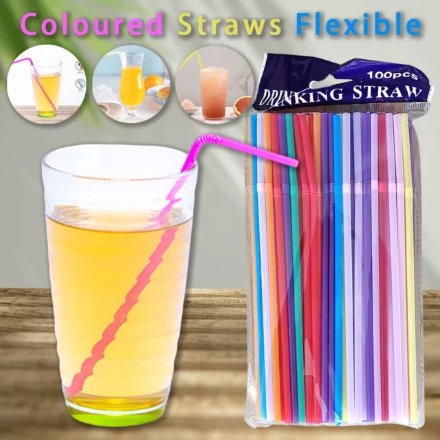 100 x Straws Flexible Plastic Bendy Drinking Straw Neon Coloured Birthday Party