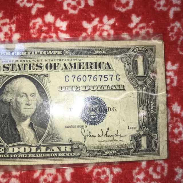 One Silver Certificate One Dollar Bill Series 1935 D (Blue Seal) 3