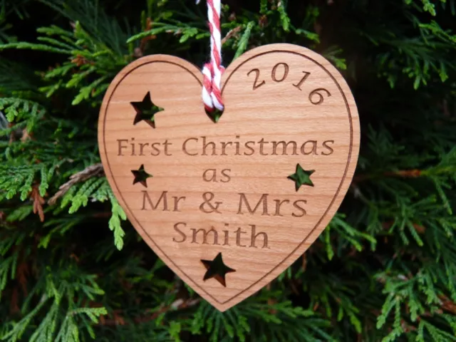 Personalised First Chritmas as Mr & Mrs Christmas Tree Bauble Heart Decoration