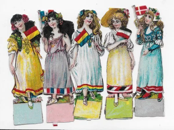 Antique CHROMO de COUPIS French FLAG GIRLS, Victorian Die-Cut Scrap, 3" EA
