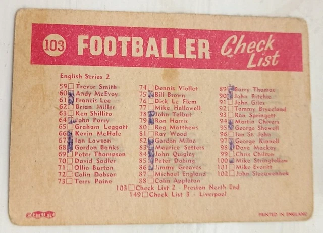PRESTON NORTH END FA CUP FINALISTS 1964 A&BC PINK BACK CHECKLIST CARD No 103 2