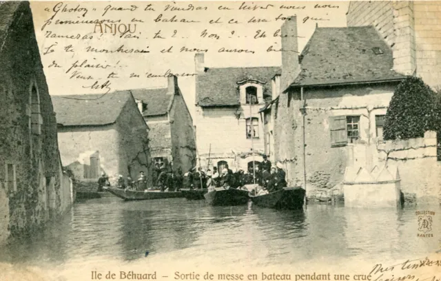 Carte Ile de BEHAURD Sortie de Messe en bateau pendant une crue