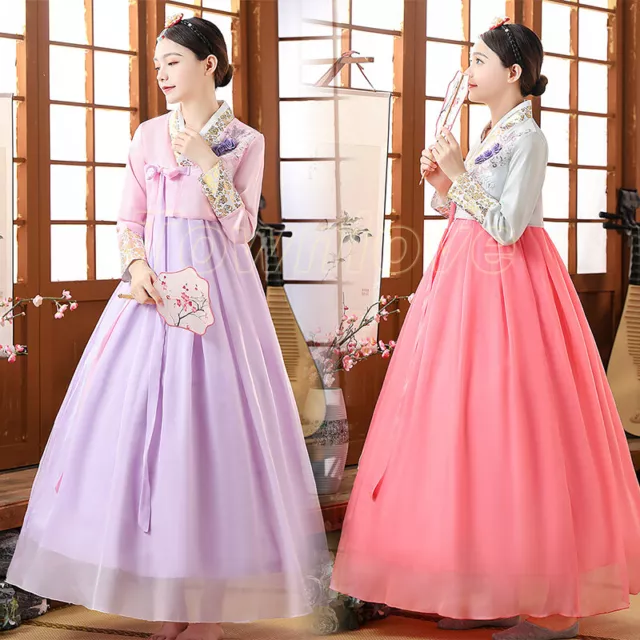 Women Korean Hanbok Dress Flower Traditional National Costume Court Dress Kimono