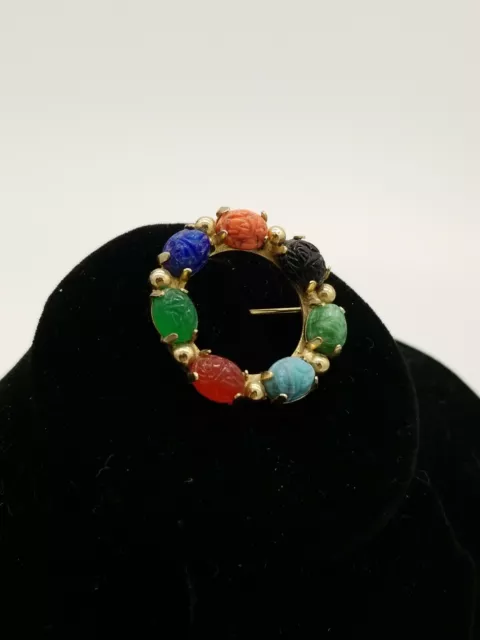 VTG Molded Glass Scarab Beetle Multi Color Circle Brooch Pin Egyptian Revival
