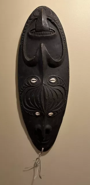 African/Papua New Guinea Folk Art - Hand Carved Wood Tribal Mask & Cowrie Shells