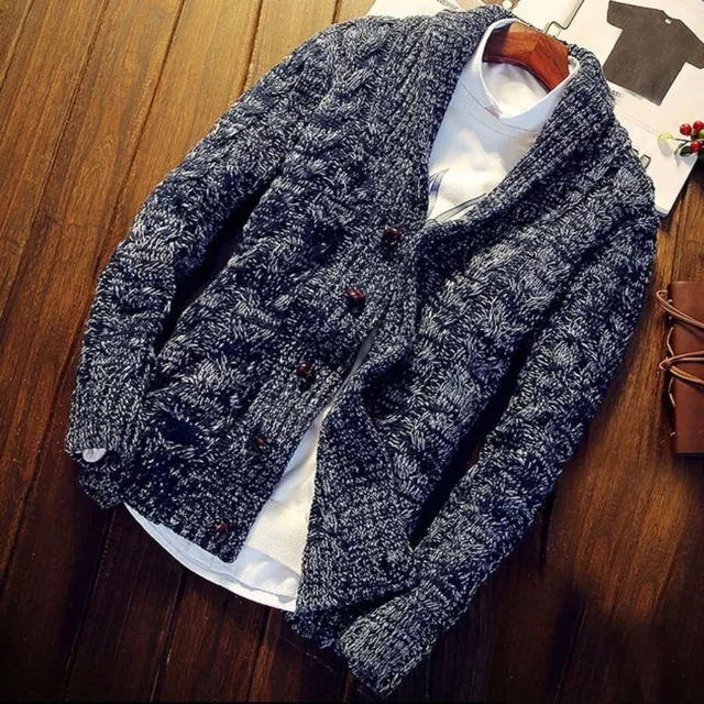 Mens Knitted Shawl Collar Cardigan Sweater Braided Jacket Thermal Winter Jumper