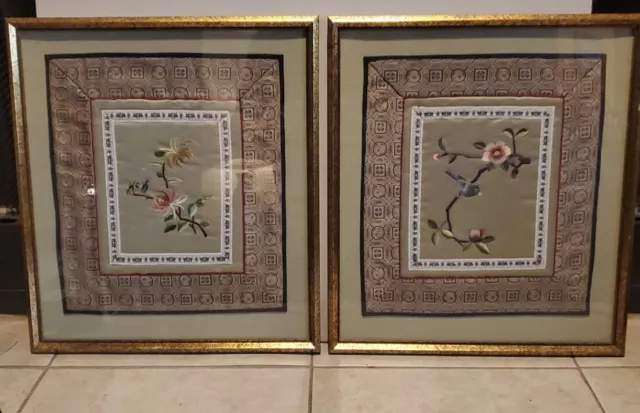 Oriental Hand Embroidered Silk Textiles Matted & Framed Artwork