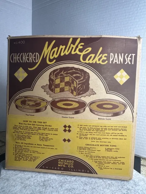 Vintage Checkered Marble Cake Pan 4 pc #400 W/Box by Chicago Metallic USA CLEAN