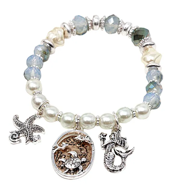 Starfish Turtle Mermaid Charm with Faux Pearls and Mix Bead Stretch Bracelet