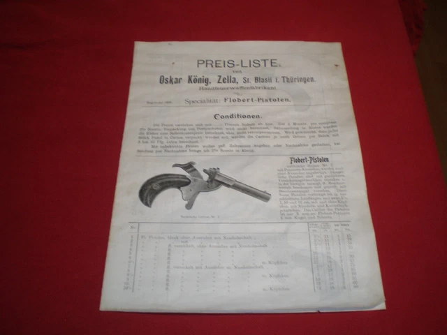 alte Preisliste - Oskar König, Zella, St. Blasii Thüringen - Flobert - Pistolen