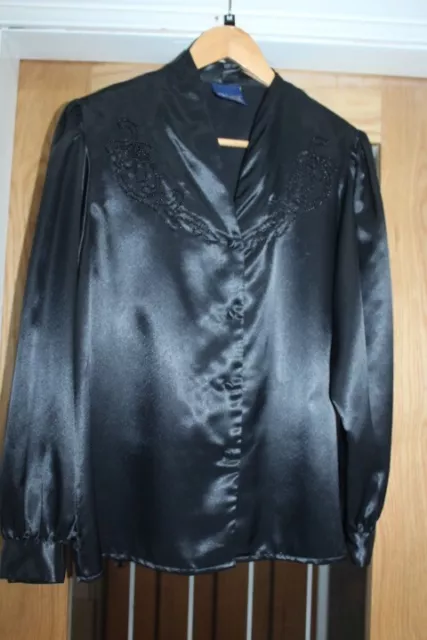 vtg 80s your sixth sense black liquid satin embellished blouse shoulder pads 14