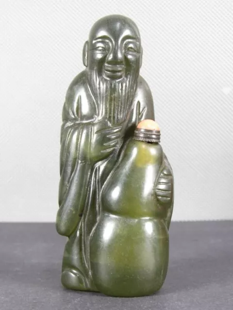 Chinese Elder Gourd Carved Natural Green Jade Snuff Bottle
