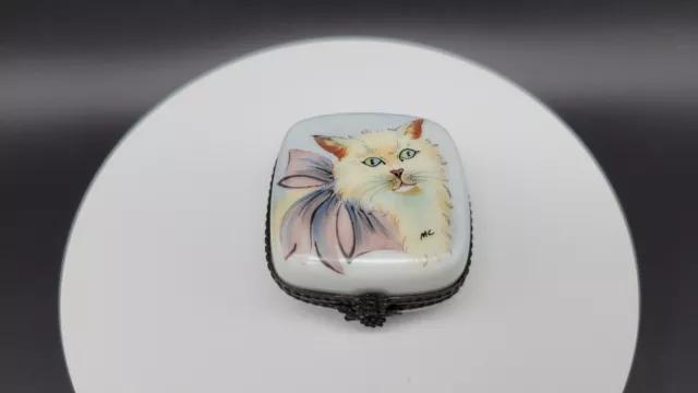 Vintage Limoges France Hand painted Cat Trinket Box, Artist Signed