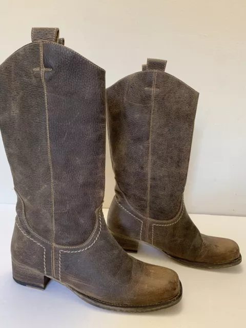 BED STU Brown Distressed Leather Mid Calf Pull On Riding Boots Womens size 6