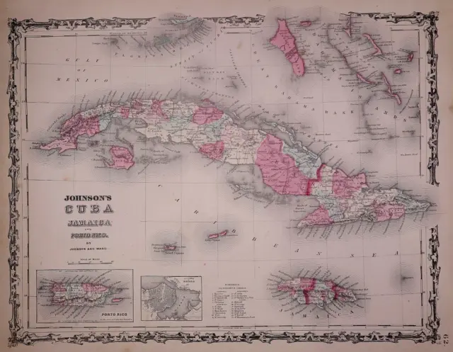1863 Map ~ CUBA - JAMAICA - BAHAMA ISLANDS from Johnsons Atlas (14x18)-#029