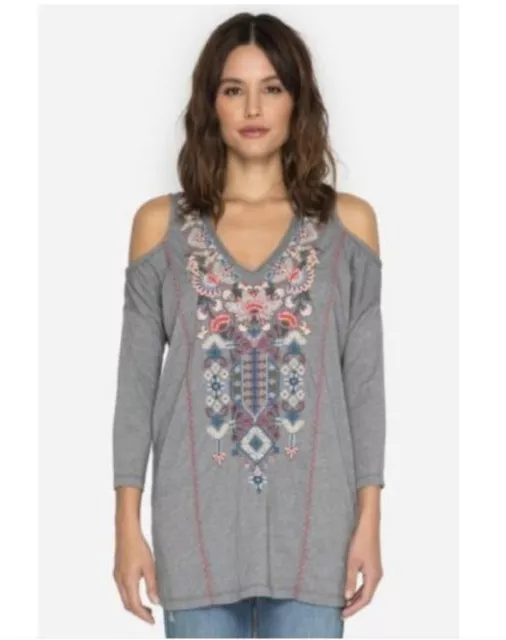 JOHNNY WAS nindi Cold-Shoulder Embroidered Top GRAY Size medium V-neck Tunic