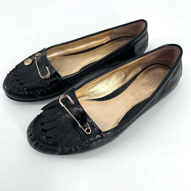 Vintage Coach Johana Black Leather Safety Pin Loafers Size 8B