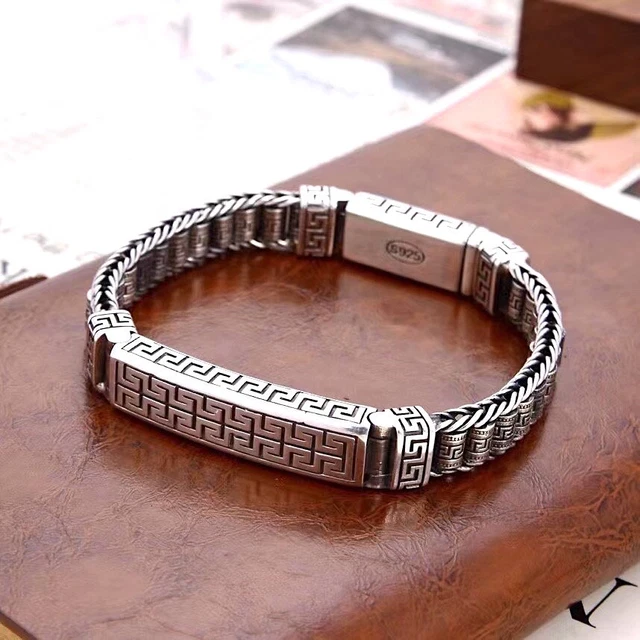 Bracciale Bracciale Catena Catena Preghiera Tibetana Solido Argento Sterling 925 Uomo
