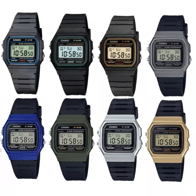 Casio F-91 Series Black Blue Green & Gold Vintage Retro Unisex Digital Watch