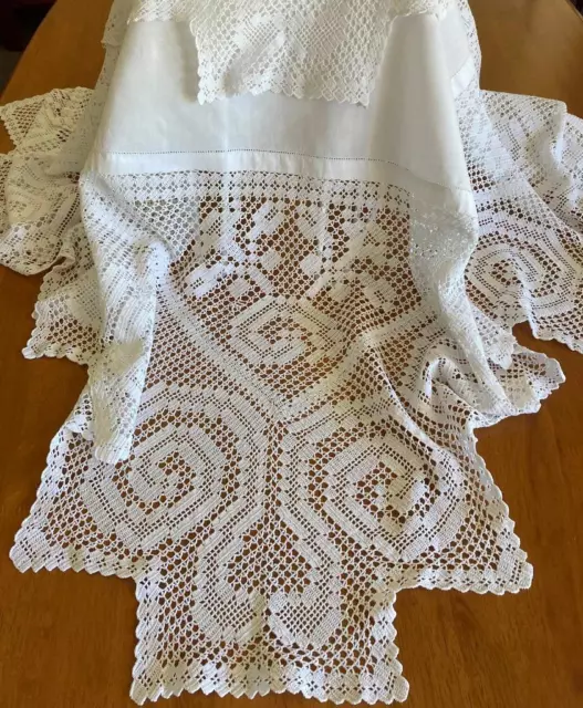 Antique White Tablecloth Deep Filet Crocheted Edges/Cotton Centre - Mary Card?