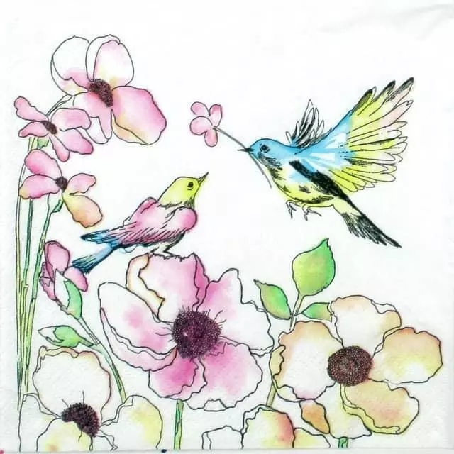 4x Single Lunch Paper Napkins for Decoupage and Party Watercolour Birds flowers