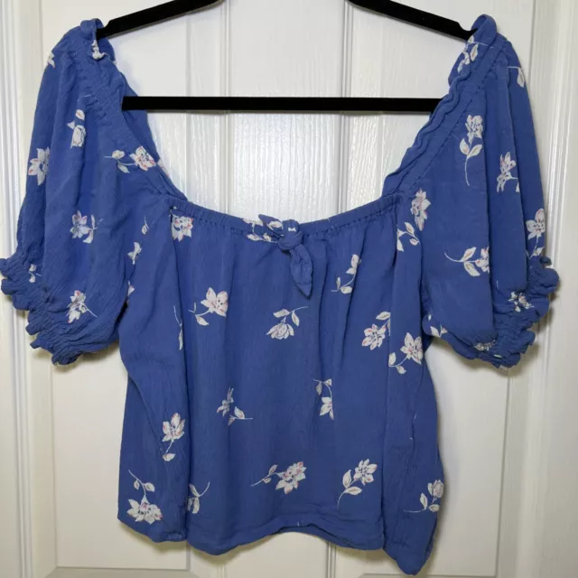 Billabong Off the Shoulder Ruffle Blouse Women's Large Blue Floral Cropped