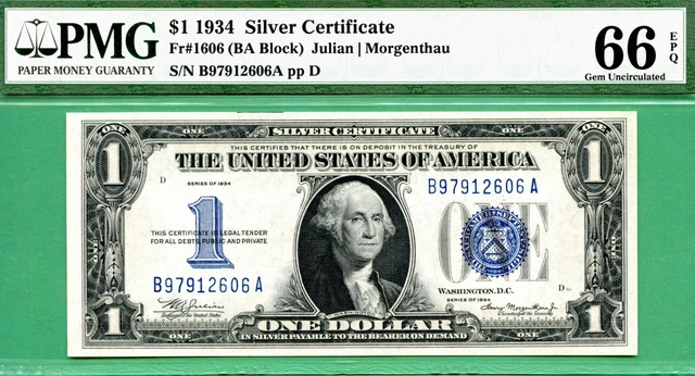 1934 $1 SC - PMG GEM 66 EPQ - Fr 1606 BA block - 1934 $1 SC - PMG GEM 66 EPQ