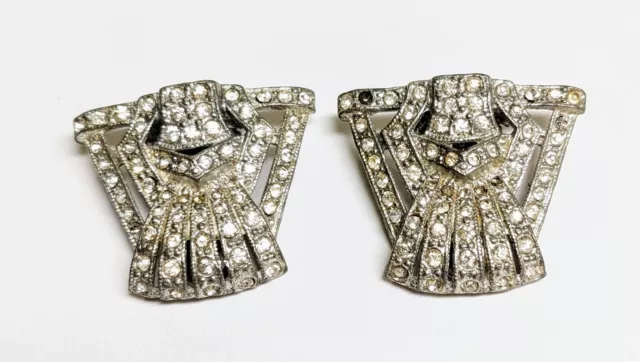 Art Deco Set Scarf/Dress Clips Vintage Pot Metal Pave Rhinestones