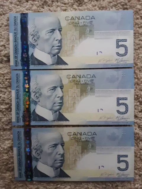 Set of Three NEW  2006 Sequential UNC Canadian  $5 Banknotes