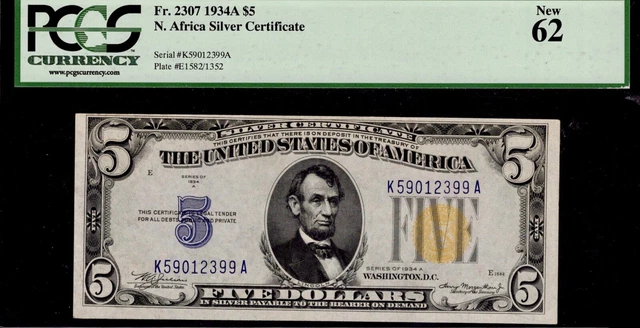 1934A $5 North Africa Silver Certificate Note PCGS New 62 Excellent Embossing