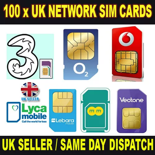 100 x UK Sim Cards O2 EE Vodafone Three Lyca Lebara Giffgaff Voxi Bulk SIMS LOT