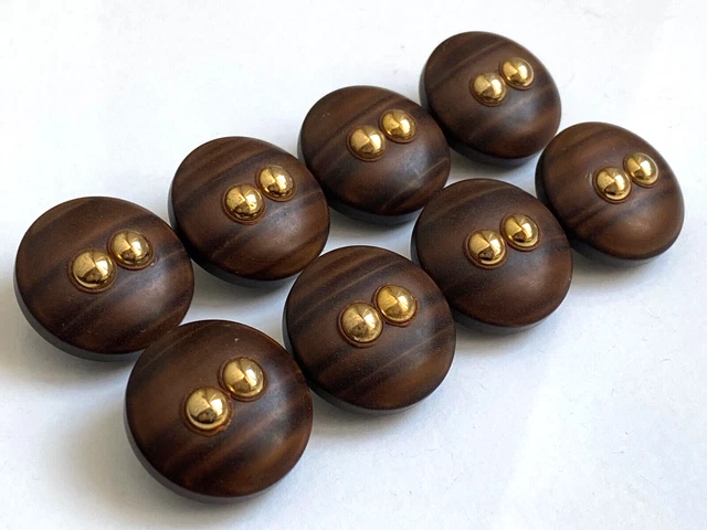 Lot De 8 Boutons Vintage 21.5mm - Plastique Brun & Décor Métal Doré - Pour Création