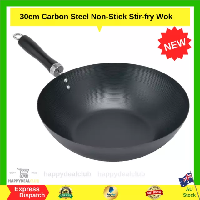 Large Wok Professional Carbon Steel Chinese Handle Flat Base Stir Fry 30cm Black