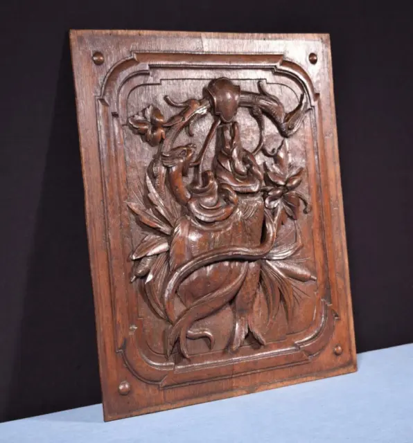 *French Antique Deeply Carved Oak Wood Panel with & Fish Hunting Salvage 3