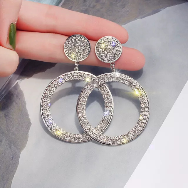 Earrings Dangle Hoop Sparkly Crystal Large Big Round Rhinestone Silver Gold Gift