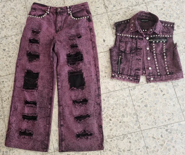 Current Mood FOR DOLLS KILL Candy Mischief Denim STUDDED Jeans + vest XL NEW