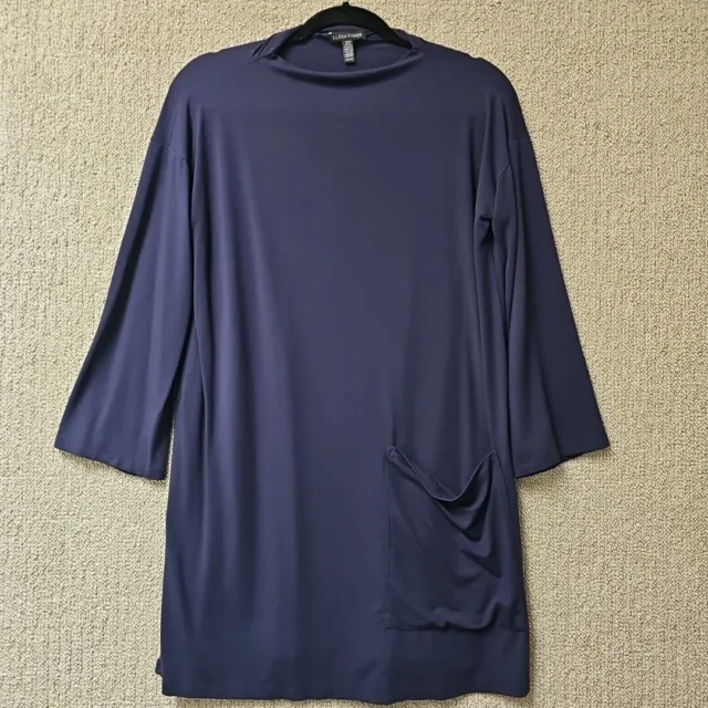 Eileen Fisher Tunic Top XS Navy Blue Oversized Stretch Viscose Pocket