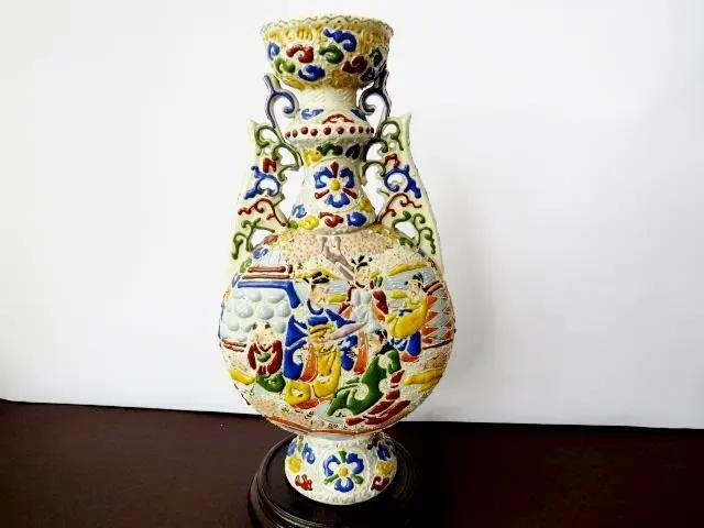 19th c Meiji Era Japanese Satsuma Moon Flask, Moriage Ware Figural Decoration
