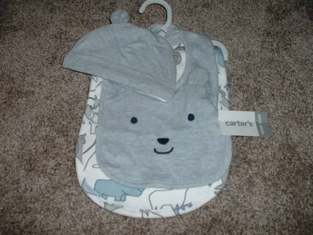 Carter's Animal Hat Bib Burpcloth Set Baby Boy Infant Blue Bear NB 3 6 9 mos NWT