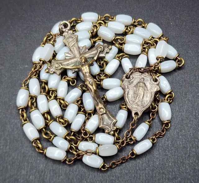 Vintage Catholic Rosary White Glass Satin Beads Gold Tone Crucifix Roma Italy