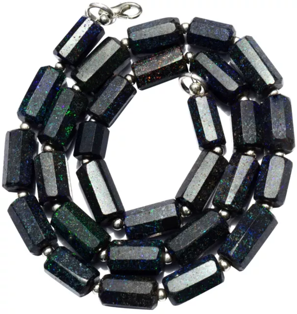 Natural Gem Australian Black Matrix Fire Opal Necklace 18.5" Faceted Tube Beads