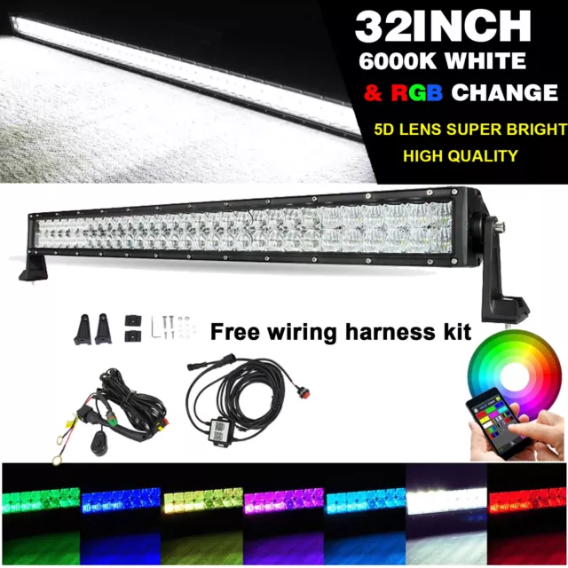 32 Inch180W 5D RGBW LED Light Bar Offroad Driving Strobe Color Change + Harness