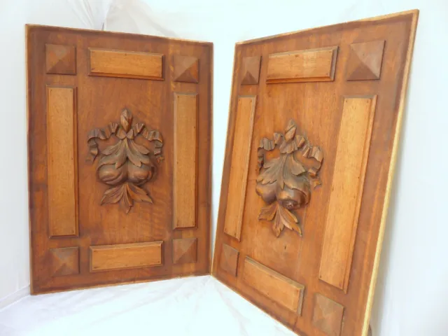 23" Antique French Carved Wood Panel Gothic PAIR Fruits Salvage + Ribbons Bow 3