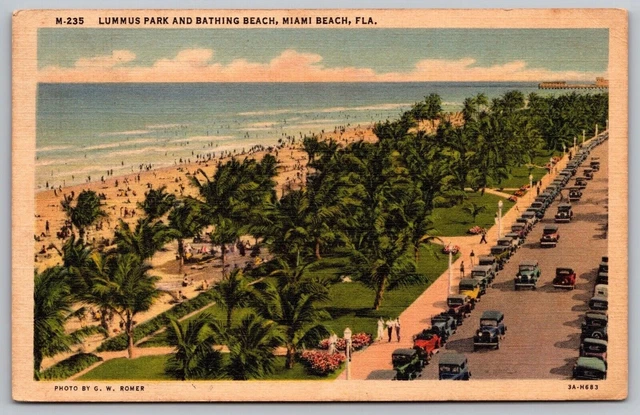 Miami Beach Florida Lummus Park Birds Eye View Linen Cancel WOB Postcard